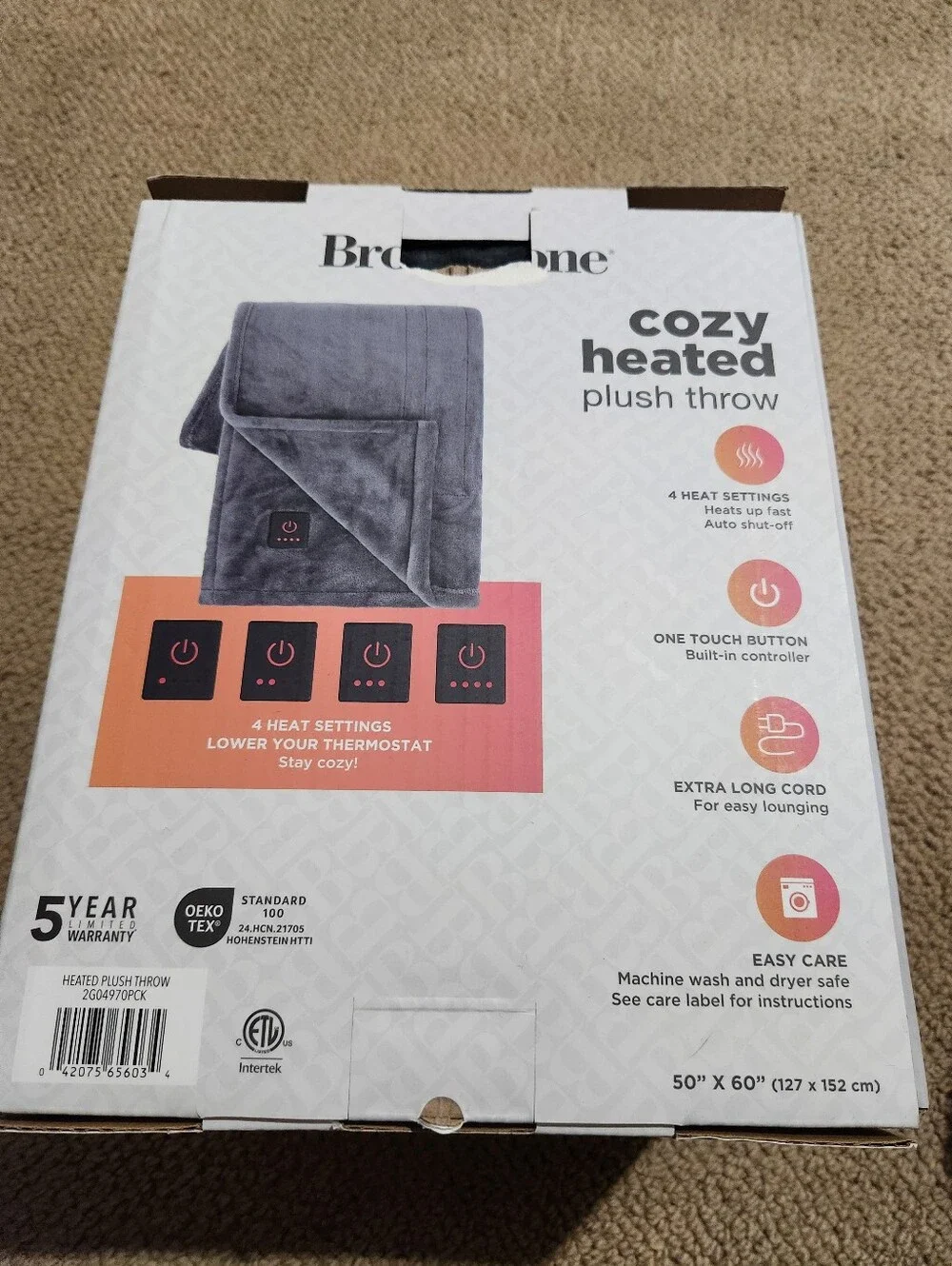 Brookstone Plush Heated Throw Blanket - 50 x 60 Gray